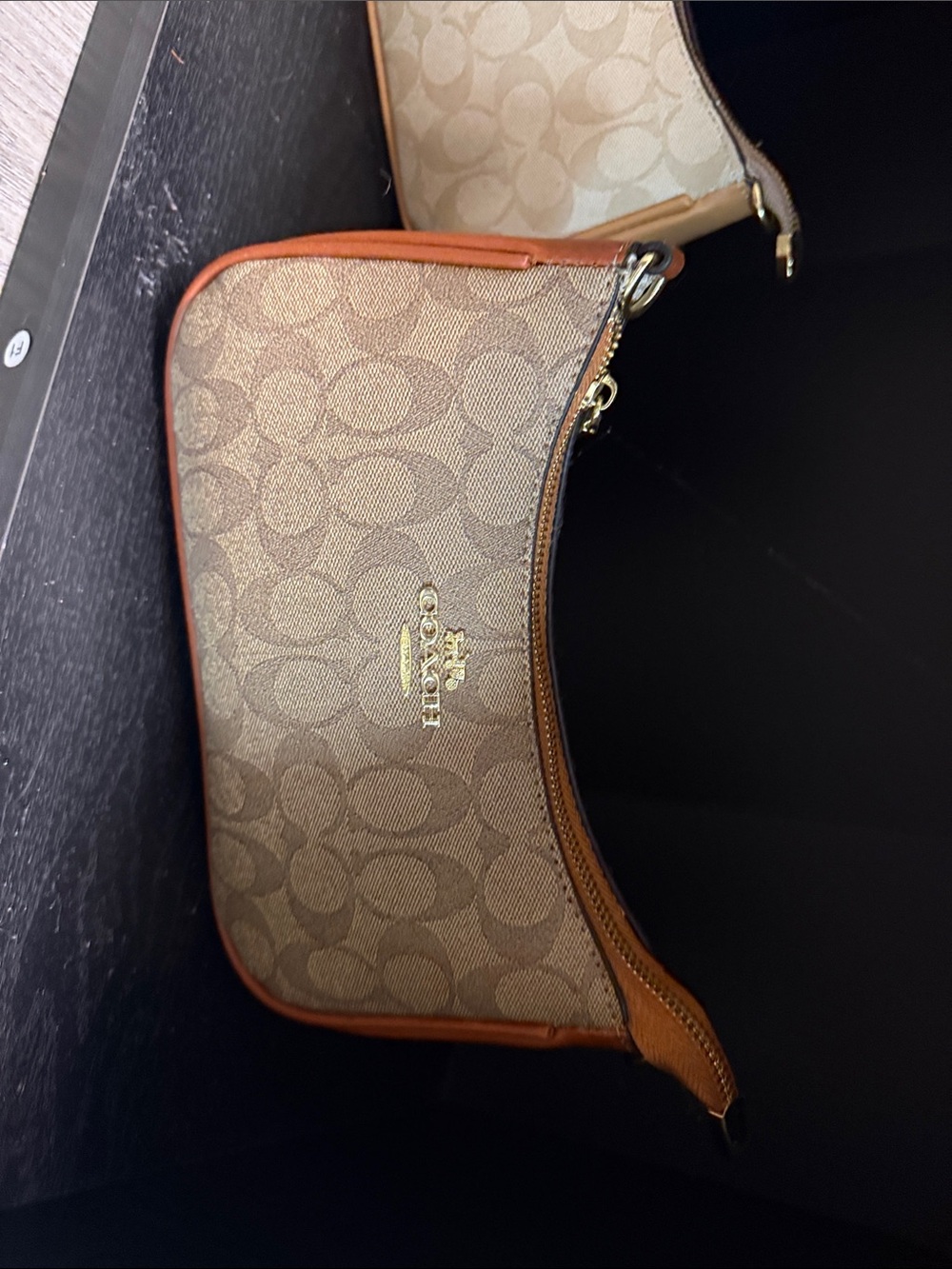 Coach Brown Signature Canvas Shoulder Bag with Tan Trim